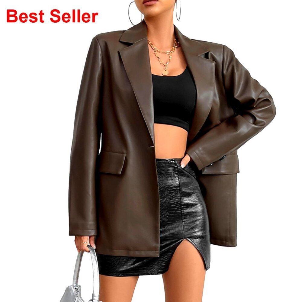 Faux Leather Blazer Jacket Moto Biker Coat Long Sleeves Button Fashion